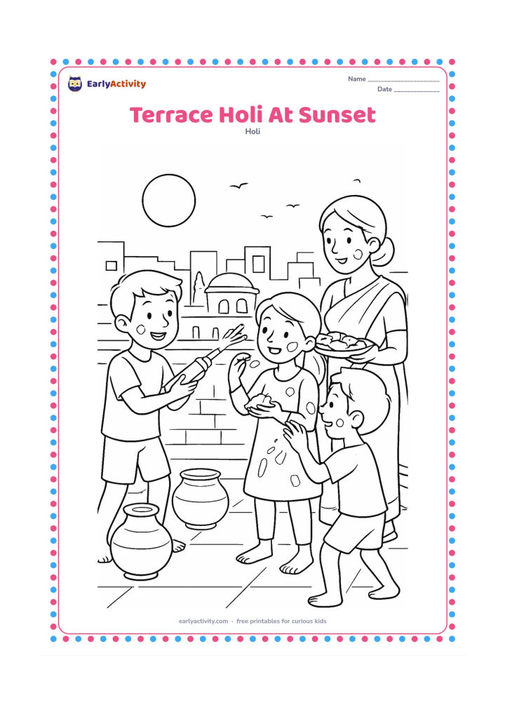 Colouring page: Friends celebrate Holi on a terrace at sunset, with one child using a pichkari, others sharing gulal and an adult serving snacks. Include water pots, parapets, distant buildings, birds…