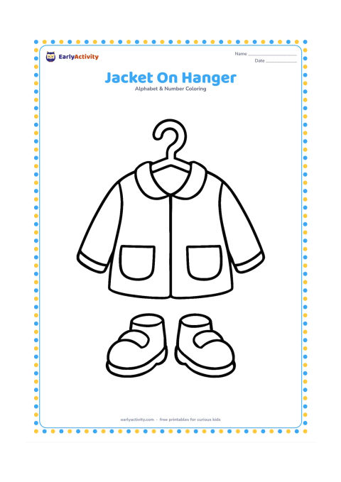Colouring page: Draw a simple jacket hanging from a large hanger, with two pockets and a clear collar. Place one pair of chunky shoes underneath.