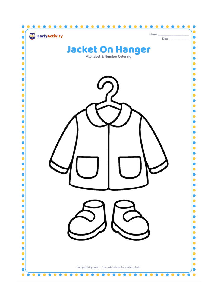 Colouring page: Draw a simple jacket hanging from a large hanger, with two pockets and a clear collar. Place one pair of chunky shoes underneath.