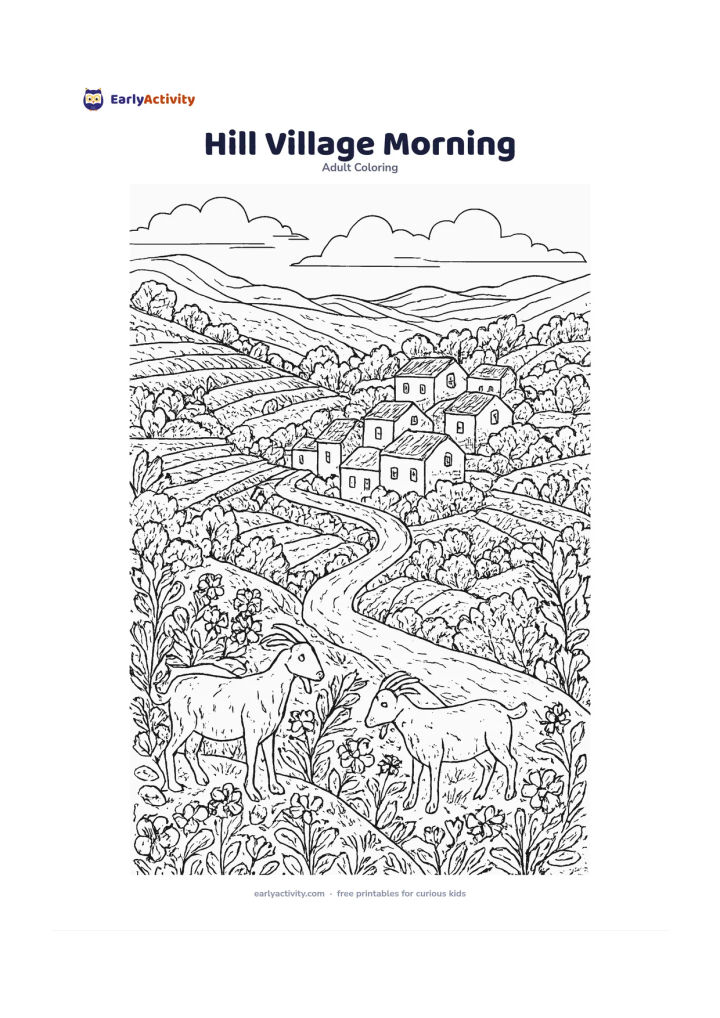 Colouring page: A hillside village waking in the morning, with small unmarked houses, terraced gardens, a winding lane, grazing goats, flowering shrubs and distant blue hills. Place the houses in the…