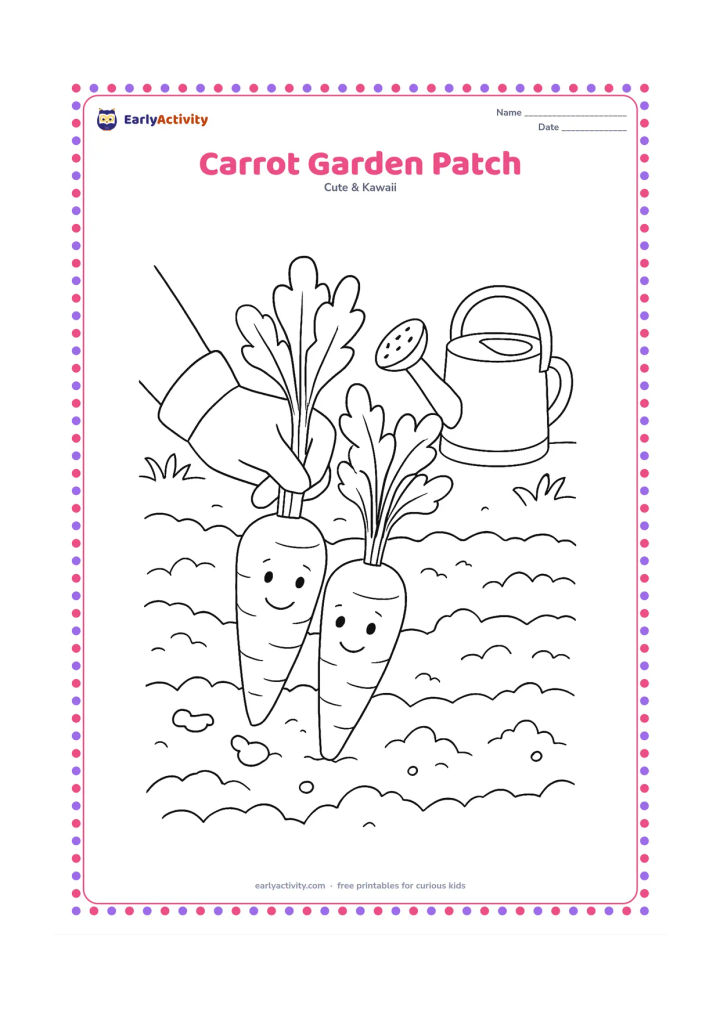 Colouring page: Show two smiling carrots being pulled from a garden bed by a child's simple gloved hand, with leafy tops, soil clumps and a watering can in the background. Do not show any text on the…