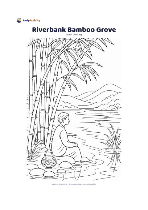 Colouring page: A person sitting beside a slow river under tall bamboo, with a small basket, smooth stones, water plants and distant hills. Include vertical bamboo segments, arching leaves and long…