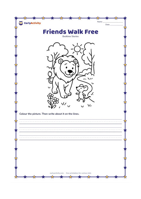 Printable: The freed lion and mouse walk side by side along a sunny forest path, with the lion looking down gratefully at his small friend. Include flowers, grass and leafy trees.