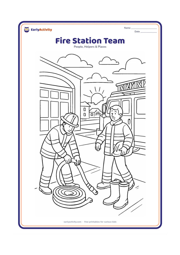 Colouring page: Two firefighters prepare equipment beside a fire engine at dawn, one checking a hose and the other carrying a helmet. Show the station doors, boots, coiled hose and a quiet street with…