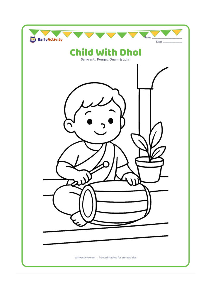 Colouring page: Draw a child sitting cross-legged and tapping a large dhol with one stick, wearing simple Assamese festival clothing. Place the child on a veranda with one plant pot.