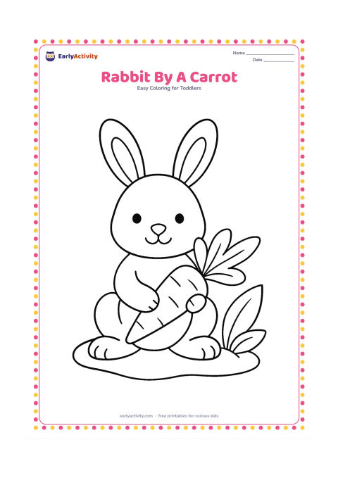 Colouring page: Draw a sitting rabbit holding one large carrot in its front paws. Place it beside two big leaves and a small rounded garden patch.