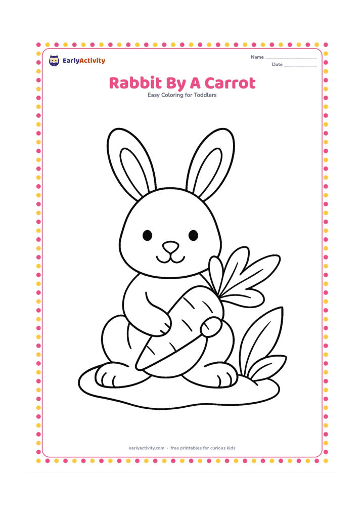Colouring page: Draw a sitting rabbit holding one large carrot in its front paws. Place it beside two big leaves and a small rounded garden patch.