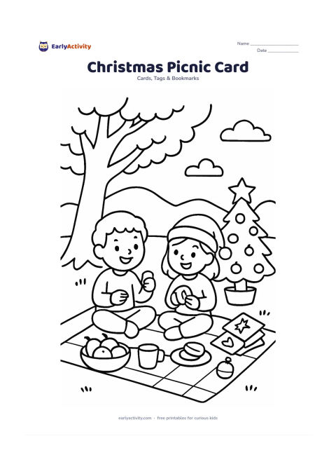 Worksheet: Draw friends having a Christmas picnic under a large tree, sharing snacks beside a small decorated Christmas tree and a pile of handmade cards. Include a picnic mat, fruit, cups and a…