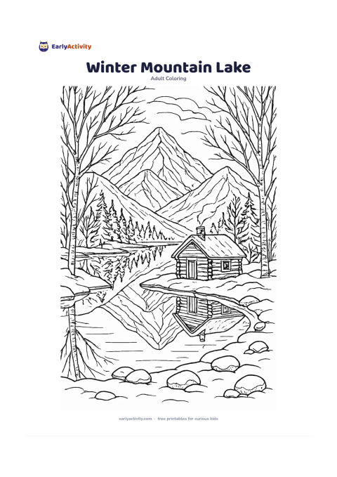 Colouring page: A still mountain lake in winter, reflecting snow-covered peaks, bare trees and a crescent-shaped shore. Add a small wooden cabin without any sign, smoke rising from its chimney and…