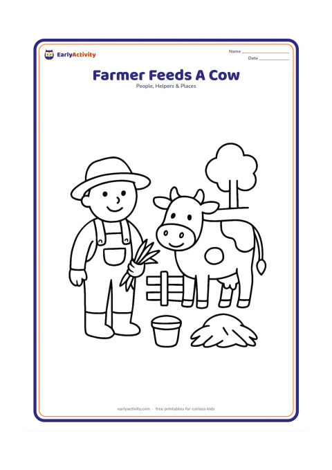 Colouring page: A farmer holds a bundle of grass toward a friendly cow standing beside a simple fence. Include a small hay pile, a bucket, and a single tree.