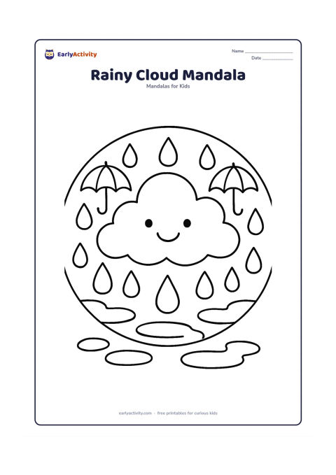 Colouring page: A circular design with a smiling cloud in the centre, repeated large raindrops, simple umbrellas, and rounded puddle curves arranged in rings. The image should feel like a gentle rainy…