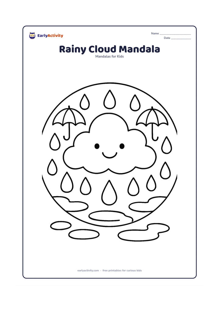 Colouring page: A circular design with a smiling cloud in the centre, repeated large raindrops, simple umbrellas, and rounded puddle curves arranged in rings. The image should feel like a gentle rainy…