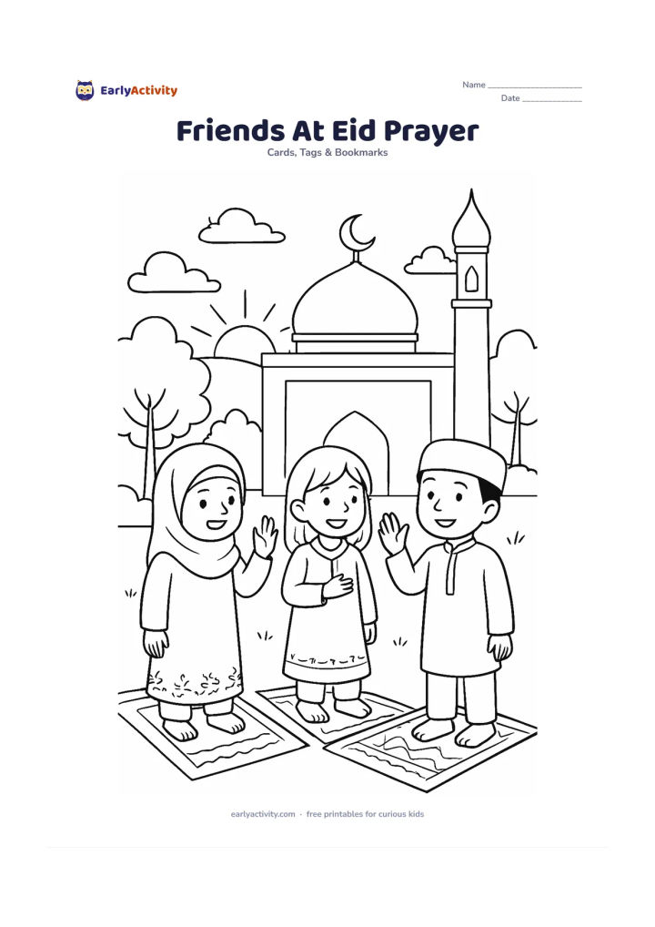 Worksheet: Three children stand together outside a mosque after Eid prayer, greeting one another with raised hands and festive clothing. Include patterned prayer mats, trees, a sunrise sky, and a…