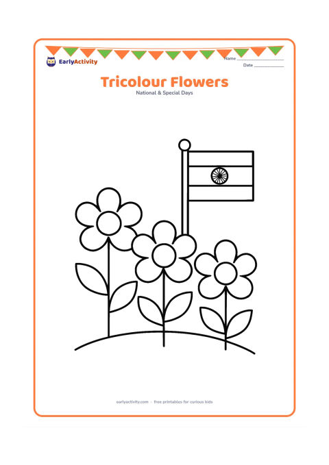 Colouring page: Draw three large simple flowers in a row beside a small Indian flag on a stick, with broad leaves and a curved ground line. Show the flag's three bands and central Ashoka Chakra without…