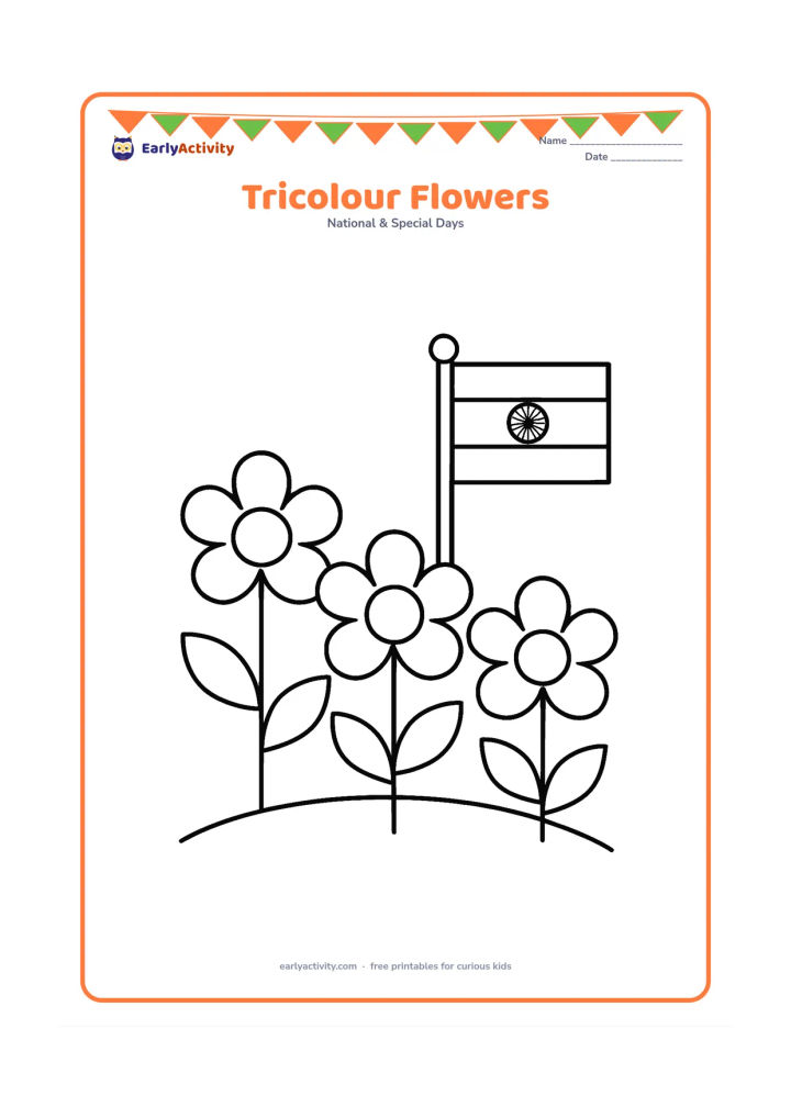Colouring page: Draw three large simple flowers in a row beside a small Indian flag on a stick, with broad leaves and a curved ground line. Show the flag's three bands and central Ashoka Chakra without…