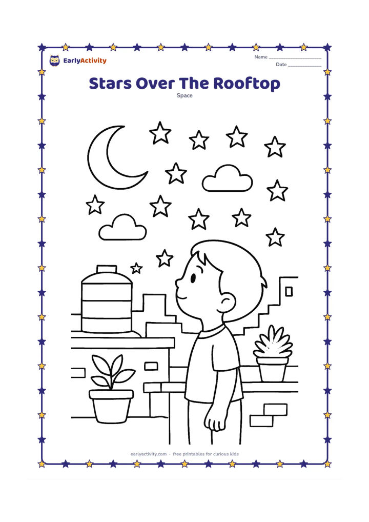 Colouring page: Several stars shine over an Indian city rooftop with water tanks, low building silhouettes, potted plants and a child looking upward. Include a crescent Moon and a few clouds.