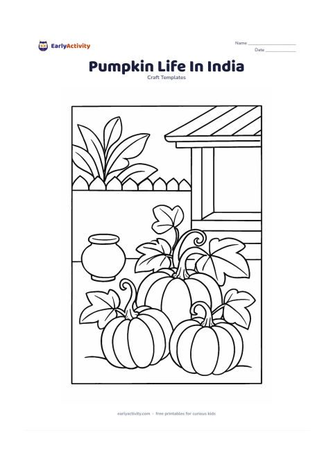 Worksheet: Show pumpkins growing beside a simple Indian courtyard wall, a low clay pot, broad tropical leaves, and a small covered veranda edge. Keep the pumpkins prominent with clear section…