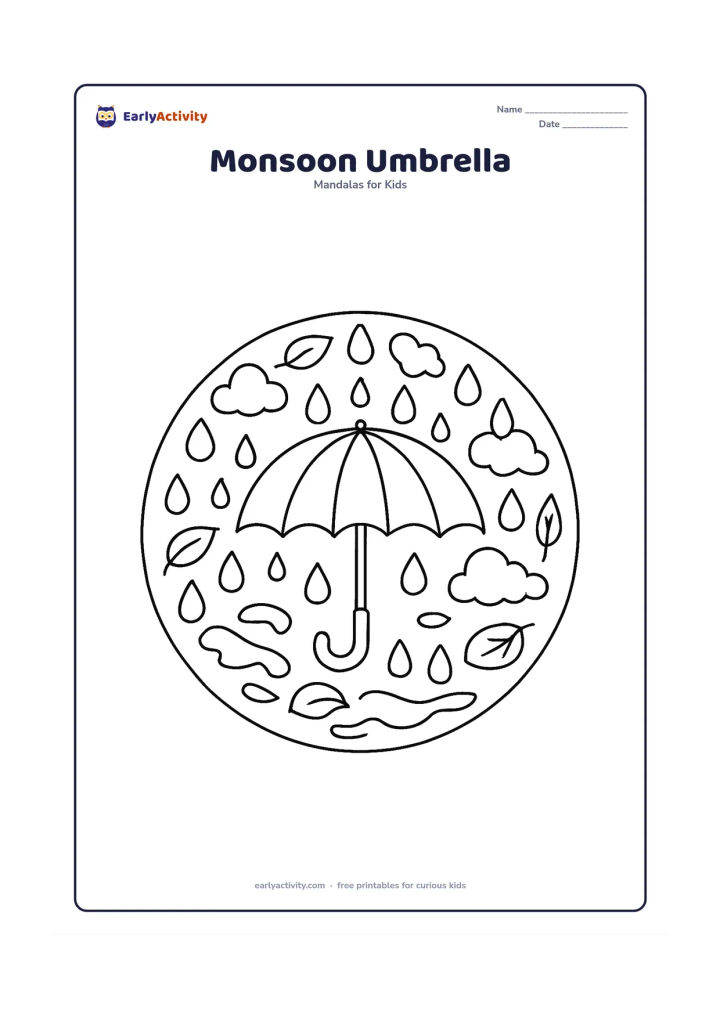 Colouring page: A circular mandala with an open umbrella at the centre, surrounded by repeated raindrops, puddle curves, small clouds and leaf shapes. Include alternating umbrella panels that radiate…