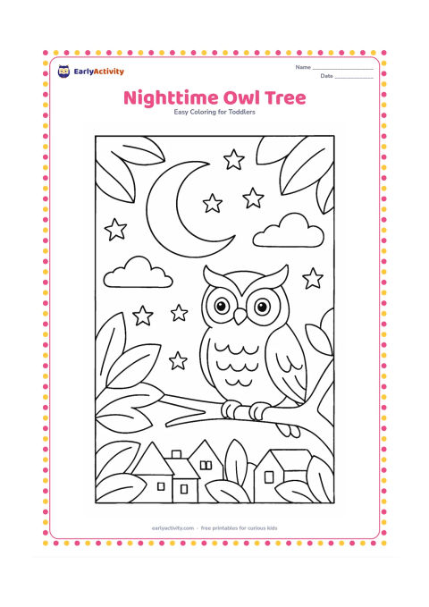 Colouring page: Draw a calm owl perched on a branch at night, with a large crescent moon, stars, two clouds and a quiet village roofline below. Add broad tree leaves around the edges of the composition.