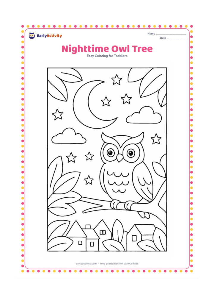 Colouring page: Draw a calm owl perched on a branch at night, with a large crescent moon, stars, two clouds and a quiet village roofline below. Add broad tree leaves around the edges of the composition.