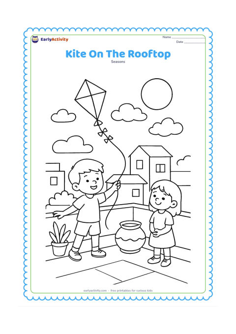 Colouring page: A child flies a kite from a safe rooftop terrace while another child watches beside a water pot and a low parapet. Show nearby rooftops, a few potted plants, clouds and a large sun.