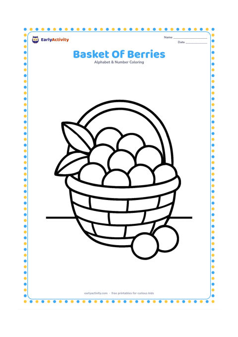 Colouring page: Draw a wide woven basket filled with large round berries and two broad leaves, with a few berries resting beside it. Place the basket on a plain table or ground line.