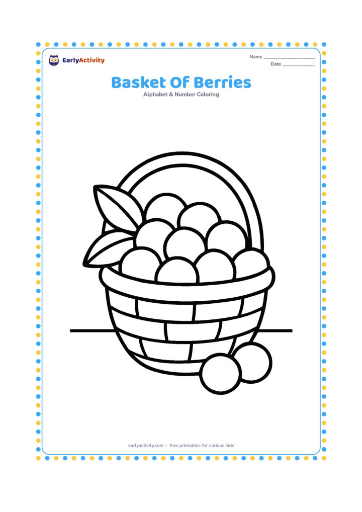 Colouring page: Draw a wide woven basket filled with large round berries and two broad leaves, with a few berries resting beside it. Place the basket on a plain table or ground line.