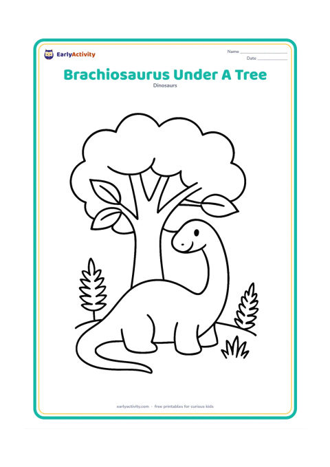 Colouring page: A brachiosaurus rests beneath a broad prehistoric tree while its long neck curves gently upward. Add large leaves, three ferns and a simple patch of grass.