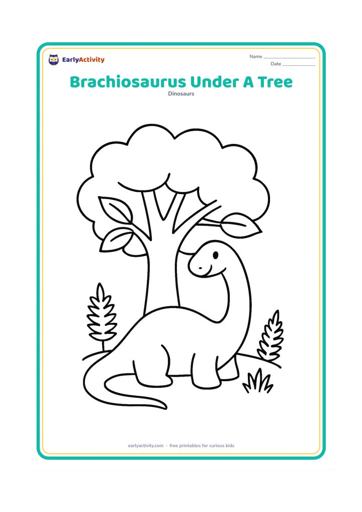 Colouring page: A brachiosaurus rests beneath a broad prehistoric tree while its long neck curves gently upward. Add large leaves, three ferns and a simple patch of grass.