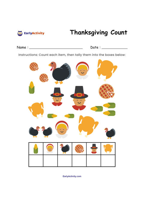 Worksheet with Thanksgiving pictures, including harvest items, pies, turkeys, and pilgrim characters, plus a six-column counting grid.