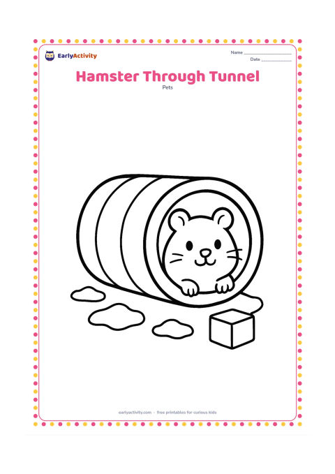Colouring page: A hamster peeks out from the round opening of a short play tunnel. Show a few large bedding pieces and a simple toy block around the tunnel.