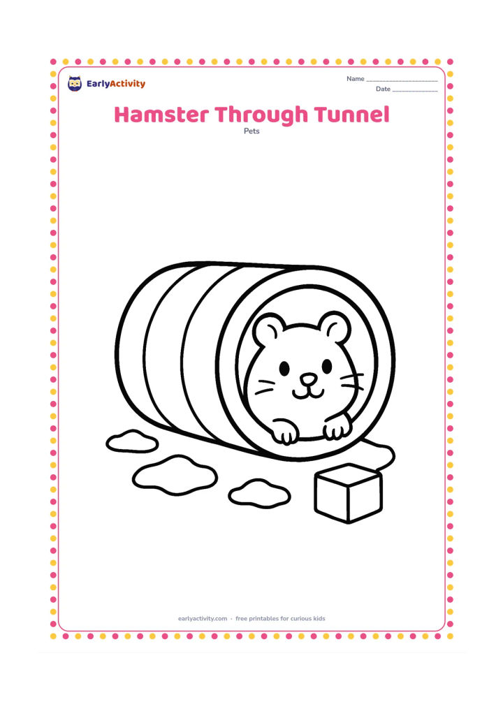 Colouring page: A hamster peeks out from the round opening of a short play tunnel. Show a few large bedding pieces and a simple toy block around the tunnel.