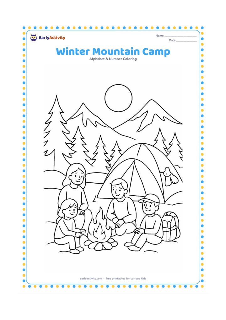 Colouring page: Draw a cosy mountain campsite at dusk with a family around a small safe campfire, a tent, backpacks, pine trees, snow-covered peaks and a rising moon. Include a pair of mittens drying…