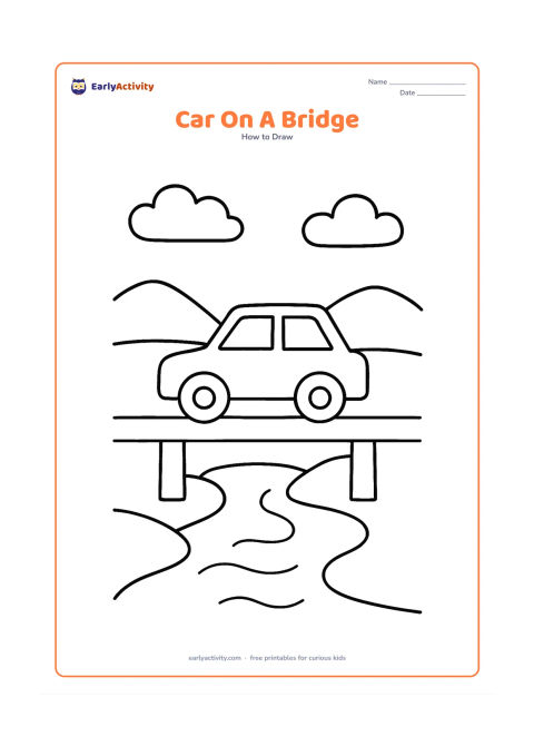 Worksheet: Show a basic car crossing a short bridge over a calm river, with two clouds and distant rounded hills. Draw the car from the side using a rectangle-like body and circular wheels.