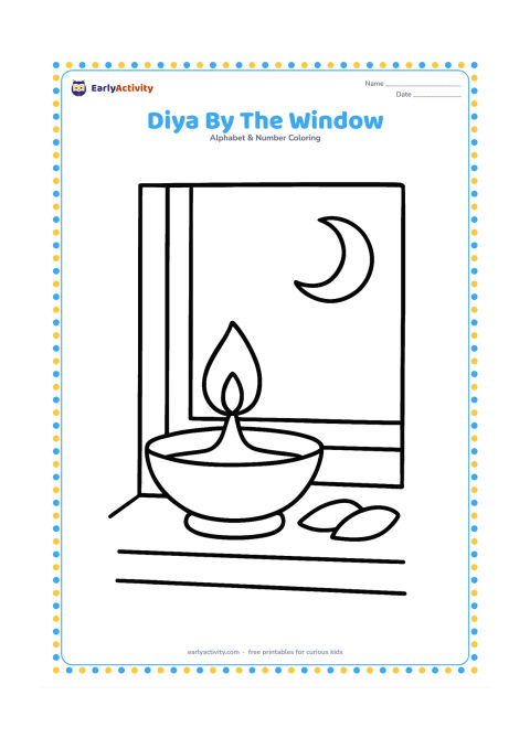 Colouring page: A small unlit diya sits on a low windowsill beside two simple flower petals. Through the window, show a quiet evening sky and one crescent moon without any other symbols.