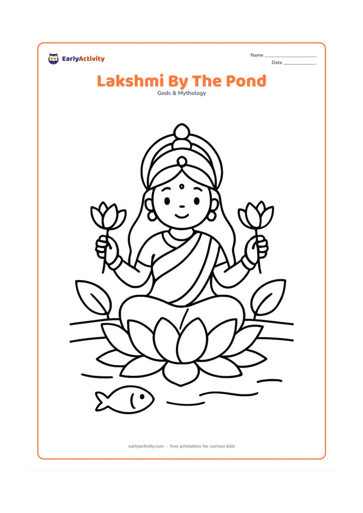 Colouring page: Draw Goddess Lakshmi seated on a broad lotus at the edge of a quiet pond, with two large leaves and one small fish shape in the water. Keep the background almost empty.