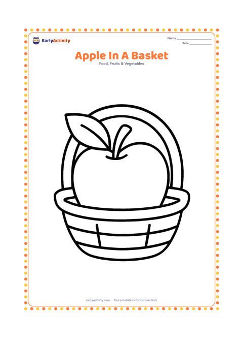 Colouring page: Draw one large apple sitting in a very simple shallow basket with a curved handle. Add two broad leaves beside the apple and only a few basket lines.