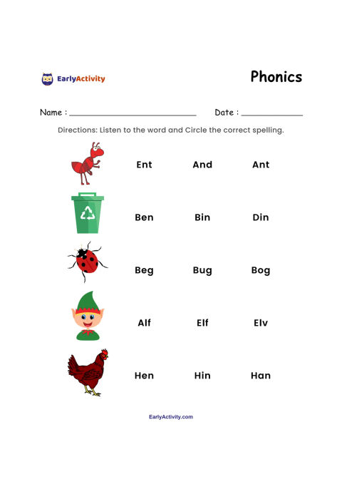 Phonics worksheet with pictures of an ant, recycling bin, ladybug, elf and hen, each beside three spelling choices.