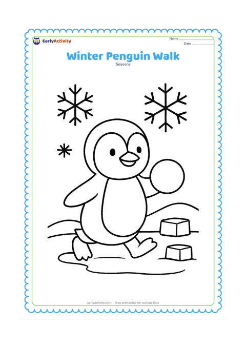 Colouring page: A happy penguin waddles across a small snowy patch, carrying a round snowball. Add two ice blocks, a low hill and a few large snowflakes.