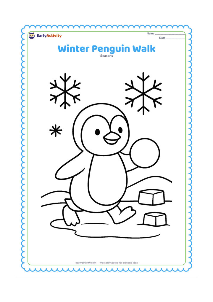 Colouring page: A happy penguin waddles across a small snowy patch, carrying a round snowball. Add two ice blocks, a low hill and a few large snowflakes.
