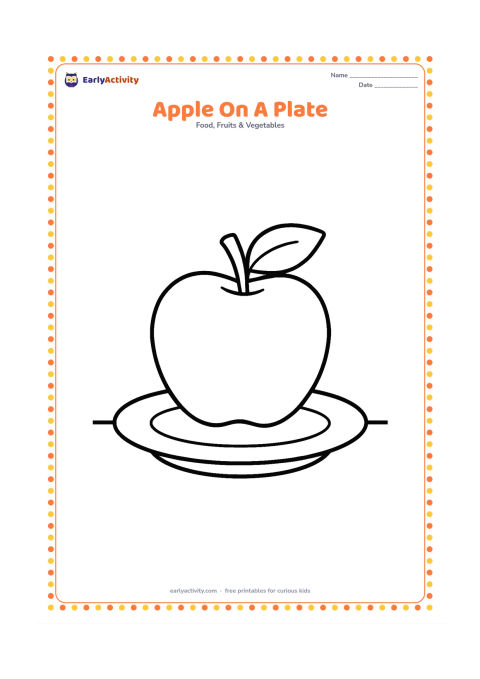 Colouring page: Draw one whole apple on a wide round plate, with a stem and leaf. Add a simple table line beneath the plate and leave the rest blank.