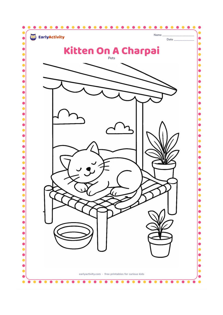 Colouring page: A relaxed kitten rests on a simple woven charpai in a shaded veranda, with a cushion, a water bowl and potted plants nearby. Show a roof edge and open outdoor space beyond.