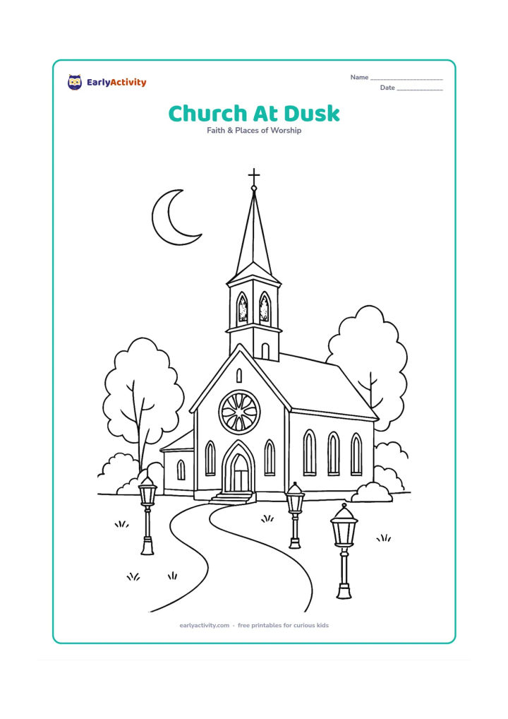 Colouring page: A detailed church silhouette at dusk shows a tall steeple, bell openings, a large rose window, side aisles, trees, a crescent-shaped moon, and lanterns along the path.