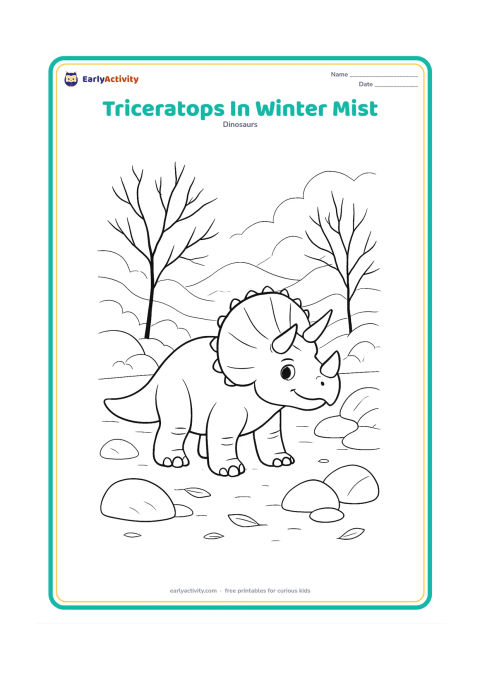 Colouring page: A triceratops stands in a cool misty prehistoric valley with bare trees, rounded rocks, and layered hills fading into the background. Add a few sparse leaves on the ground.