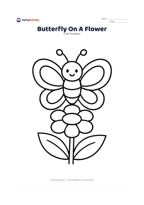 Worksheet: Draw a front-facing butterfly perched on a single large flower, with two matching rounded wings on each side and a simple body. Add one broad stem and two large leaves.
