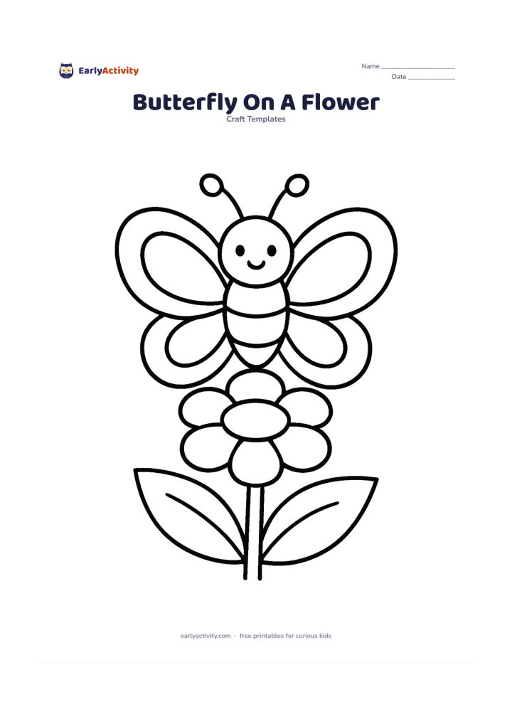 Worksheet: Draw a front-facing butterfly perched on a single large flower, with two matching rounded wings on each side and a simple body. Add one broad stem and two large leaves.