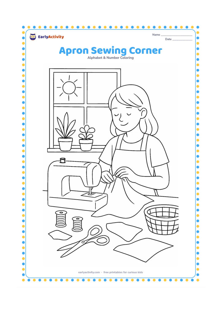 Colouring page: Draw a person sewing a plain apron at a table beside a sunny window. Include a sewing machine, thread spools, fabric pieces, scissors, a basket, and potted plants, with no printed fabric…