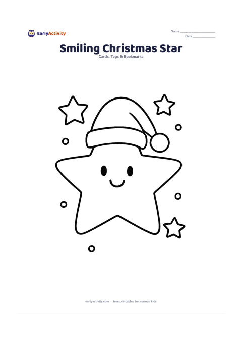 Worksheet: Draw one large smiling five-pointed star wearing a simple Santa hat, surrounded by a few large floating stars and round dots. Keep the composition open and leave a clear blank area below…