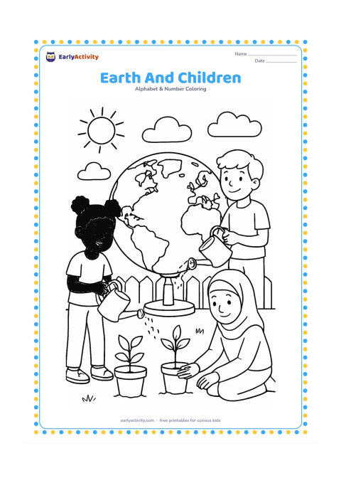 Colouring page: Draw a globe resting on a stand while children from different backgrounds water small plants around it. Add continents as broad irregular shapes, clouds, a sun, pots and a garden fence.