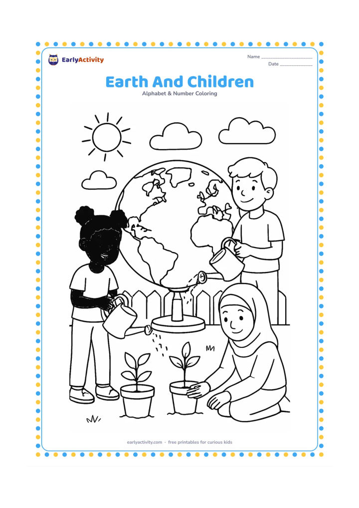 Colouring page: Draw a globe resting on a stand while children from different backgrounds water small plants around it. Add continents as broad irregular shapes, clouds, a sun, pots and a garden fence.